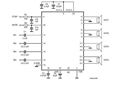 tda7388功放电路图_电路图分享 TDA7388是汽车专用AB类音频功率放大器,采用单电源14.4V供电,MOSFET放大输出,41W4声道Hi-Fi功放,失真小、低噪音,抗干扰能力强,具有AC、DC输出短路和温度保护,特别是功耗方面性能特别突出,超低功耗,工作稳定,音质极佳。采用Flexiwatt-25封装,主要用于汽车收音机。 TDA7388特征: (1).