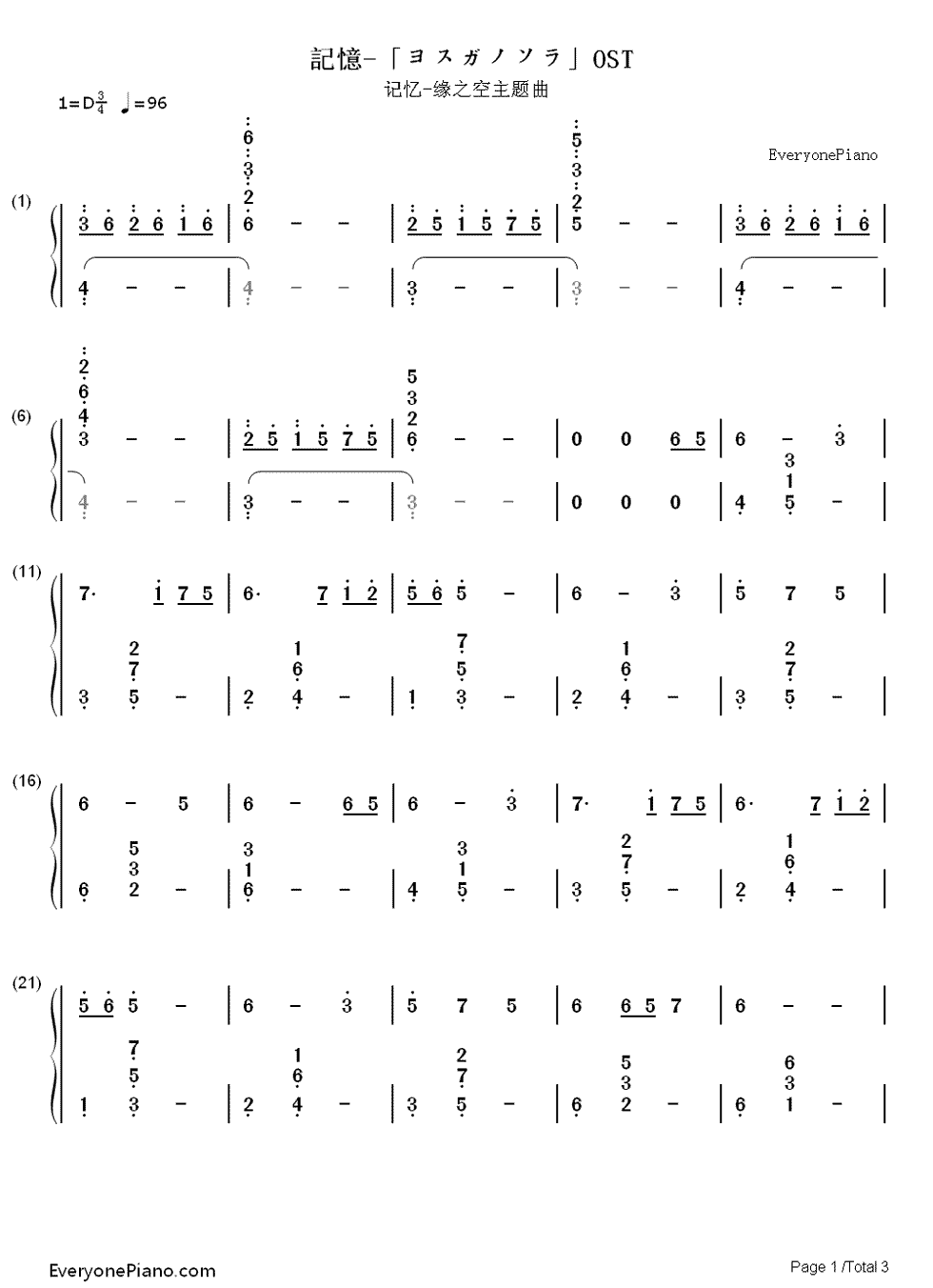 【求数字钢琴简谱】缘之空的记忆