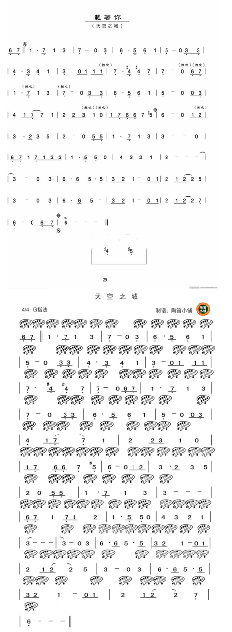 天空之城陶笛曲谱ac12孔简谱和指法图 能不能也给我发份,ac要吹的话全