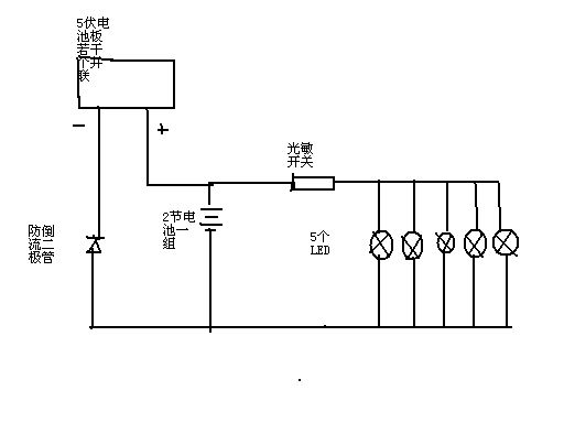 问一下太阳能电池板-蓄电池-led灯-光敏电阻之间连接的电路图
