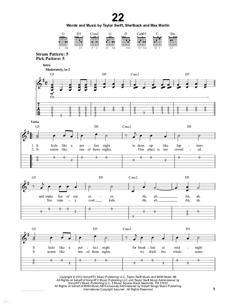 求taylor swift的22钢琴数字简谱带歌词