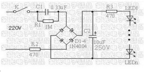 采用220V交流电源,电容限流式节能灯。市电通过C1电容限流,经过四只二极管整流,C2电解电容滤波,得到直流电压,将30颗LED灯珠按一正接一负的串联连接起来,加一限流电阻R3连接到电源电路中即可。注意:C1的电容量应该严格控制,R2、R3电阻应该选择1W的。 首先你这个电源电压(从节能角度看)不合适作LED灯具的电源,因为电压太小了。 那么用5V 1A的电源做法为: 确定你LED发什么光的,以便判断vf值 以普通LED来说(排除大功率高亮度的LED) 红光/橙光/黄光/普绿色(