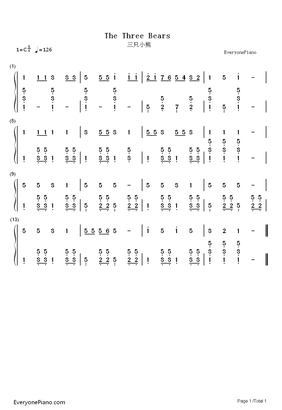 数字钢琴右手简谱三只小熊