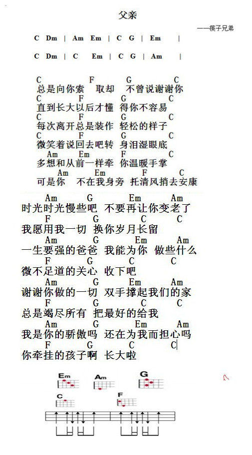 筷子兄弟 《父亲》 尤克里里的入门谱子图片