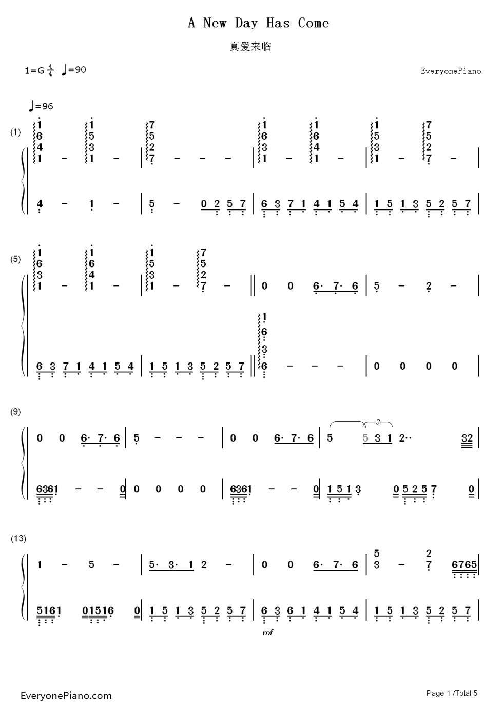 求a new day has come钢琴简谱(数字那种)