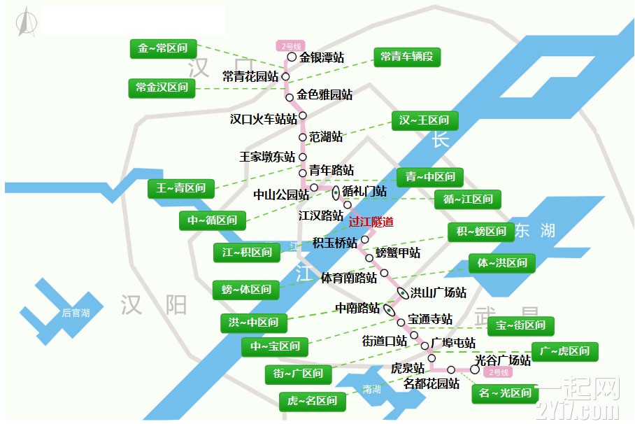 武汉地铁2号线全程有21站 公交线路:轨道交通2号线,全程约27.