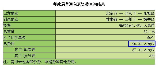从北京邮寄30公斤的东西到甘肃多少钱
